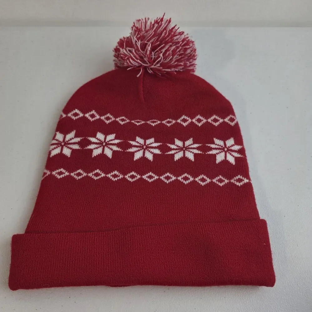 Red & White Kings Island Winterfest Beanie Hat Adult Holiday Snowflake
